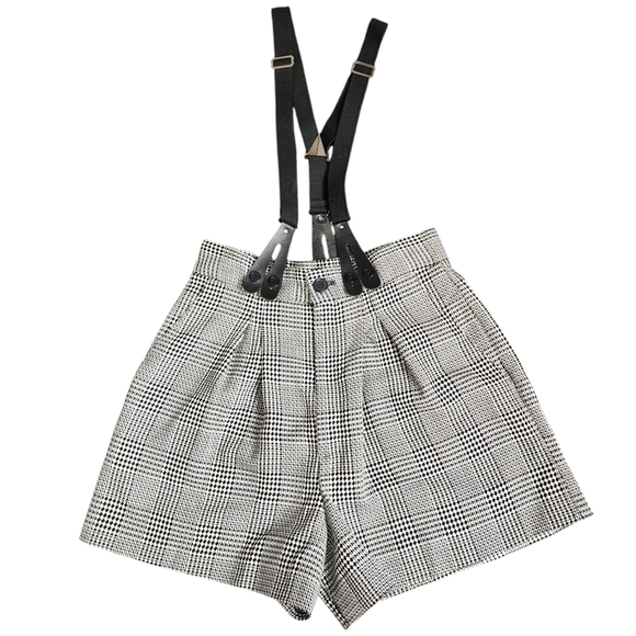 JOULE ENERGY x VINTAGE 90S Houndstooth plaid Suspender Jumper shorts black white - Picture 1 of 9